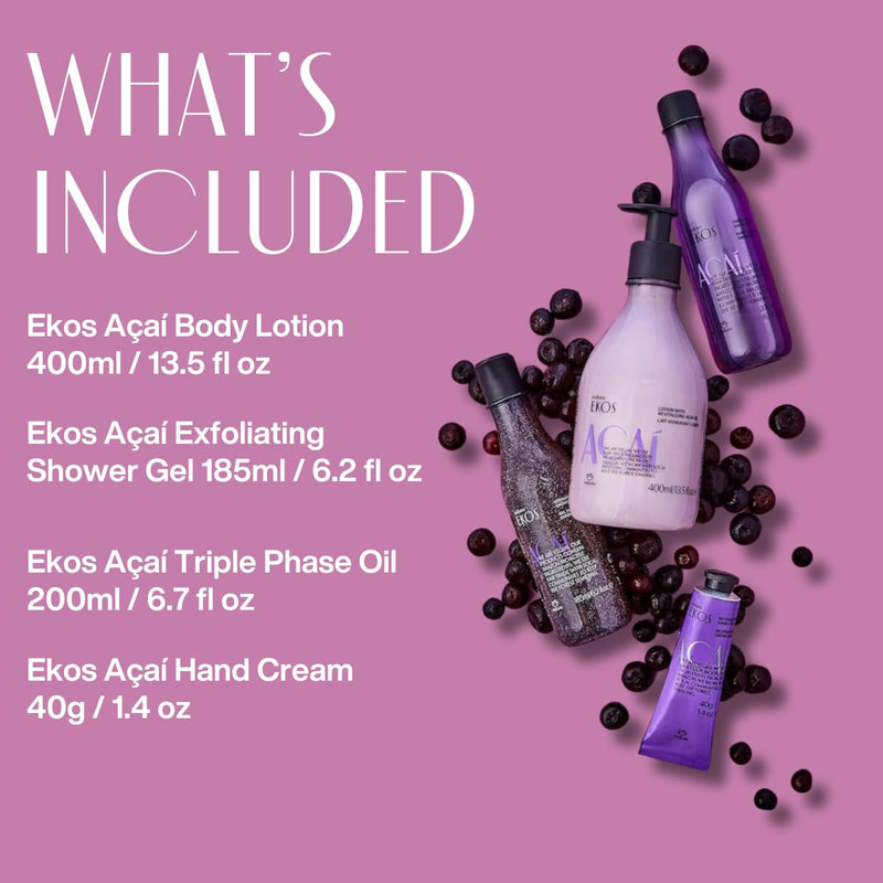 natura - Ekos Açaí Collection Bio-Beauty Gift Set (4 Products) - Body Lotion, Hand Cream, Shower Oil, and Shower Gel - Gift Box - Vegan Skin Care - Brazilian Beauty Secrets - Self Care & Body Care Infinity Warehouse