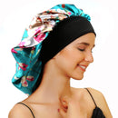 Sent Hair Large Satin Bonnet Sleep Cap for Women Double Layer Silky Hair Bonnet for Braids,Curly,Long Hair- Wide Elastic Band,Green Floral sent hair