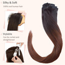 Hairro Clip in Hair Extensions Human Hair Thin Ombre Natural Black to Medium Brown 18 Inch Long Straight Human Hair Clip on Hairpieces 70g Machine Weft 8pcs 18 Clips for Women