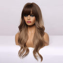 Esmee 24" Long Wavy Wigs with Bangs Dark Brown Roots Light Brown Wigs for Women Long Wave Brown Ombre Hair with Blonde Wigs,Heat-resistant synthetic wigs for daily parties and role-playing. Esmee