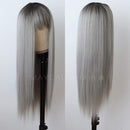 Maycaur Grey Color Synthetic Hair Wigs with Full Bangs Black Gray Ombre Color Long Straight Women's Wig Heat Resistant Hair Synthetic No Lace Wigs for Fashion Women Maycaur Store