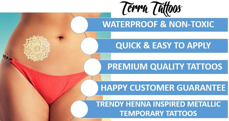 Terra Tattoos White Henna Temporary Tattoos 75+ Mandala Tattoos Flowers, Mandalas, Elephants & more! Waterproof Nontoxic Long Lasting Perfect for Beach, Festivals, & Parties Terra Tattoos