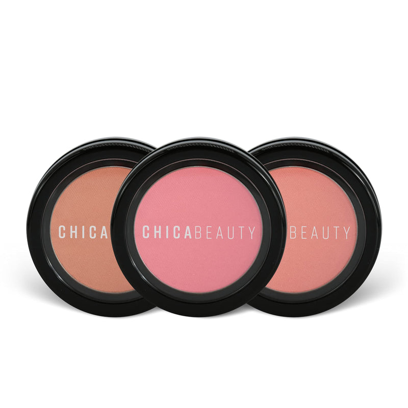 CHICA BEAUTY Blush Powder Makeup for Cheeks, Long Lasting Skin Glow, Minimizes Pores, Natural Looking Color - Paraben, Phthalate and Sulfate Free, All Skin Types -3 Shades - Peach, Lotus, Barely CHICA BEAUTY