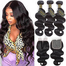 QTHAIR 12A Brazilian Body Wave Bundles with T Part Lace Closure 100% Unprocessed Brazilian Virgin Hair 3 Bundles with 4x1 Middle Part Closure(12 14 16+10) Human Hair Bundles with Closure QTHAIR