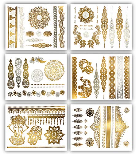 Terra Tattoos Metallic Gold Henna Temporary Tattoos 75+ Mandala Tattoos Flowers, Mandalas, Elephants Waterproof Nontoxic Long Lasting for Beach, Festivals, & Parties Terra Tattoos