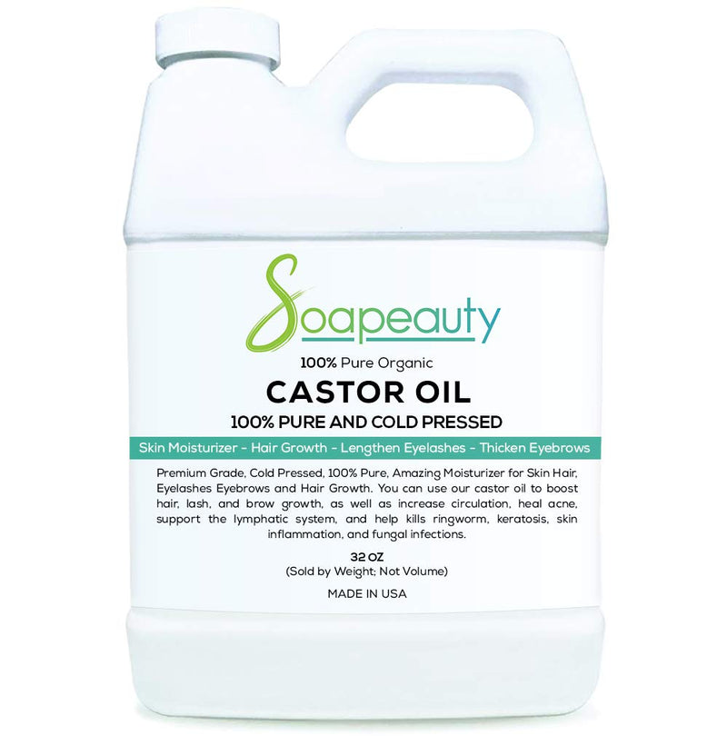 Castor Oil Organic Cold Pressed Unrefined | 100% Pure Natural Castor Oil Promotes Healthy Skin & Hair | Thickens Eyebrows & Lengthens Eyelashes | Sizes 4OZ to 1 Gallon | (32 OZ) Soapeauty