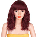 Relena Wine Red Short Wavy Wig with Bangs Synthetic Colored Shoulder Length Wig for Women Heat Resistant Fiber Curly Bob Wig 14 Inch Burgundy Wavy Bob Wigs for Daily Party Use Relena