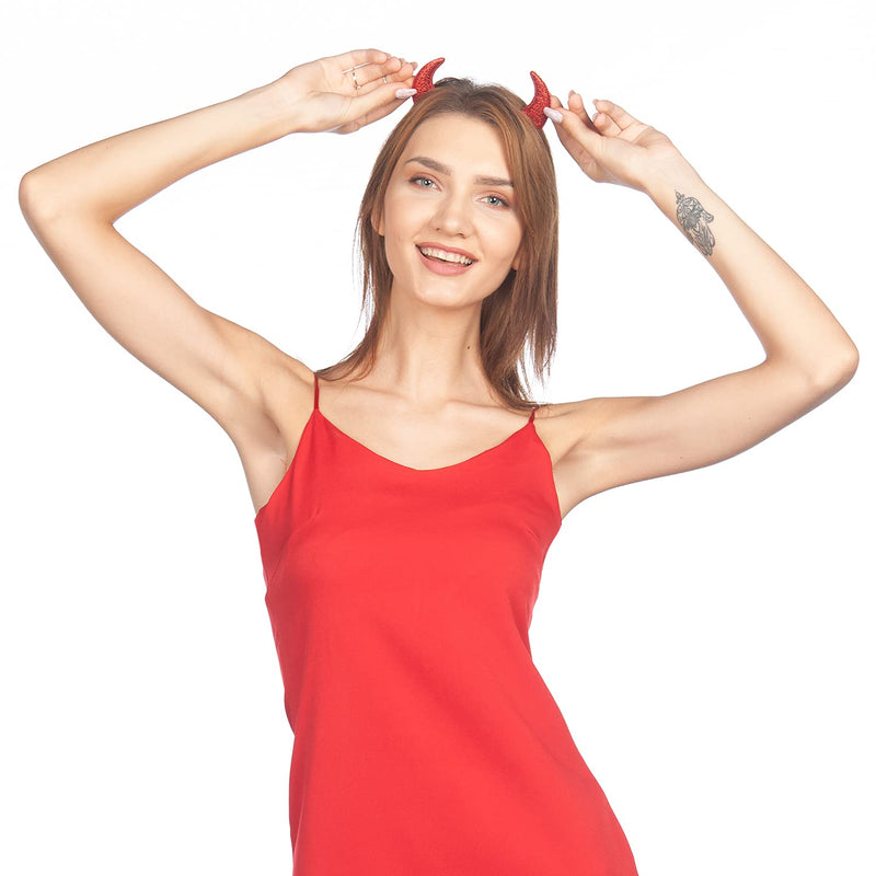 FUNCREDIBLE Red Devil Horns Headband | Glitter Devil Ears Headband | Devil Costume Accessory | Halloween Fancy Cosplay Outfit Accessories for Women, Men and Kids (Red) Funcredible