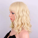 Relena Short Blonde Wavy Wig with Bangs 14" Shoulder Length Short Blonde Wig for Women Synthetic Bob Curly Wave Wigs Heat Resistant Fiber Replacement Wig for Daily Party Use Relena