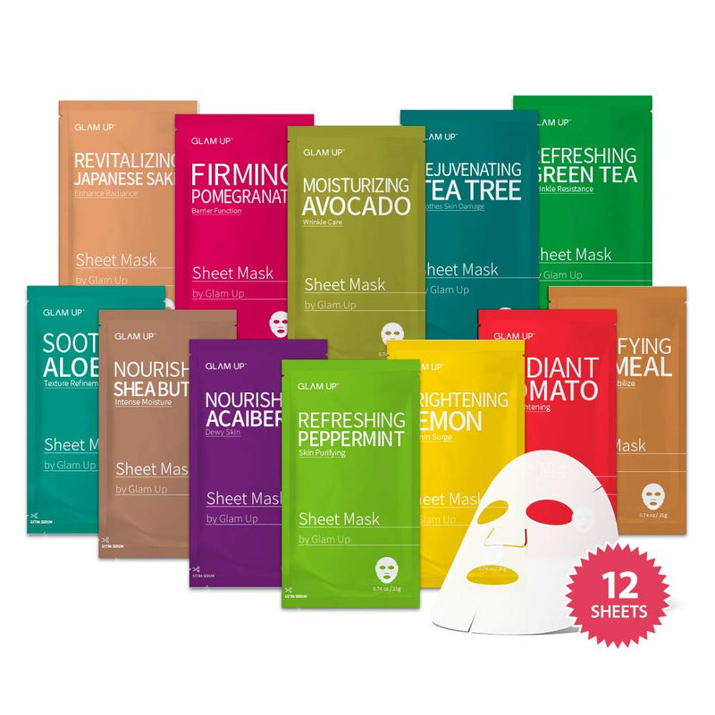 Sheet mask by Glam Up Facial Sheet Mask 12 Combo (Pack of 12) - Face Masks Skincare, Hydrating Face Masks, Moisturizing, Brightening and Soothing, Beauty Mask For All Skin Type GLAM UP