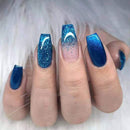 Bodiy Coffin Press on Nails Blue Ombre Long Fake Nails Ballerina Full cover Bling Falses Nails for Women and Girls (Pieces of 24) BODIY