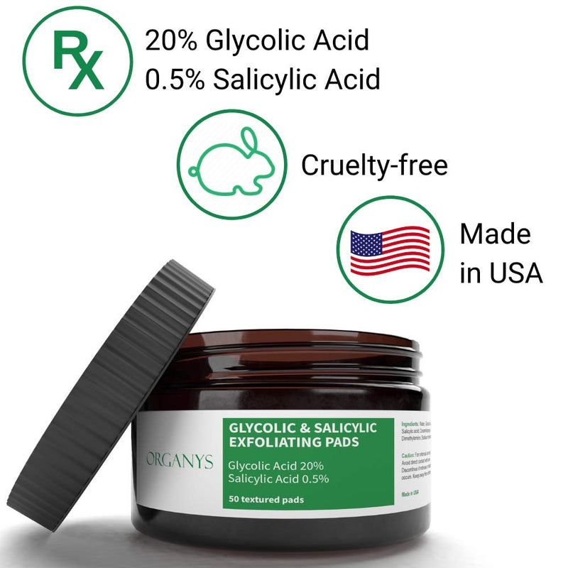 Glycolic Acid Exfoliating Pads With 20% Glycolic & 0.5% Salicylic Acid. Cleansing & Resurfacing Face Peel Wipes For Fine Lines Wrinkles Brightening Acne Scars Anti Aging Dark Spot Corrector By Organys Organys