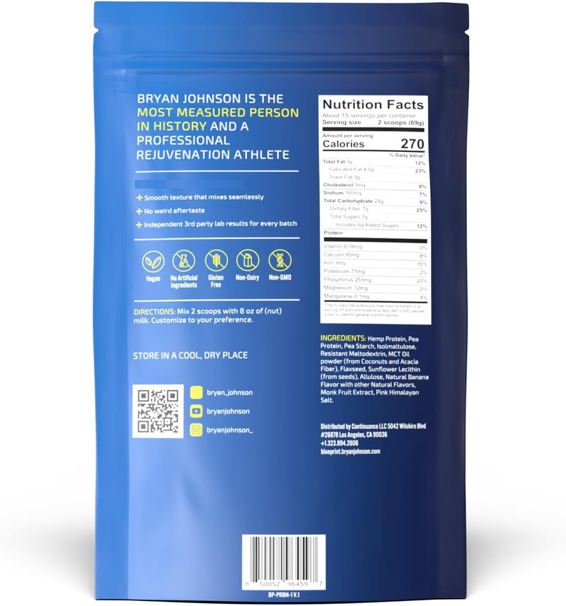 Blueprint by Bryan Johnson Vegan Protein Meal Replacement – Plant Based Hemp Protein with 27g Protein Per Serving – Low Calorie, Flavored Protein for Women & Men – Dairy Free – 15 Servings - Banana Infinity Warehouse