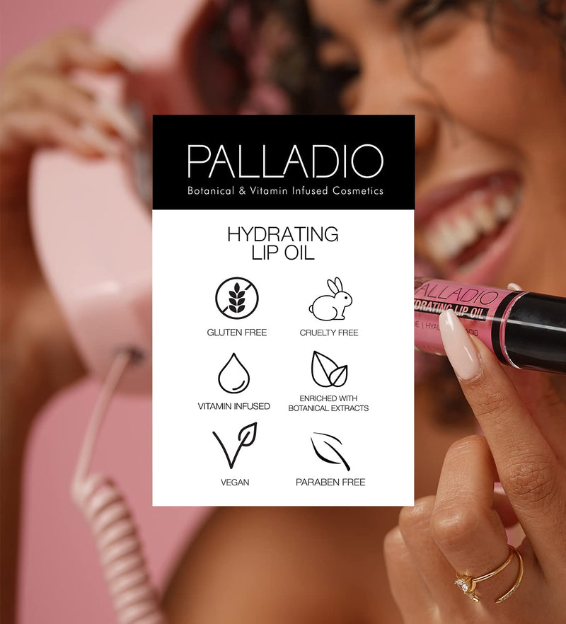 Palladio Hydrating Lip Oil Infused with Hyaluronic Acid, Non-Sticky Formula, Subtle shine with tinted sheer color, liquid lipstick, locks in moisture to prevent chapped lips, Vegan & Cruelty-Free | 0.13 Oz. (FLY) Palladio