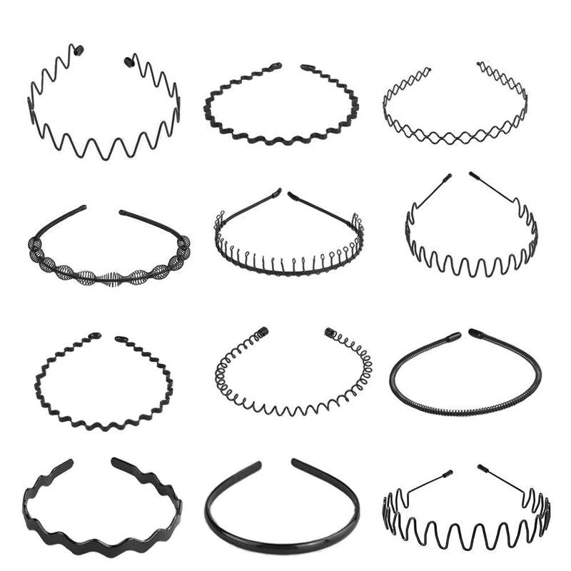 12Pcs Metal Headband Hair Hoop Band for Men Women, Casulo Non-Slip Black Spring Unisex Wavy Headwear Hairband Accessories for Sports, Outdoor, Yoga Casulo