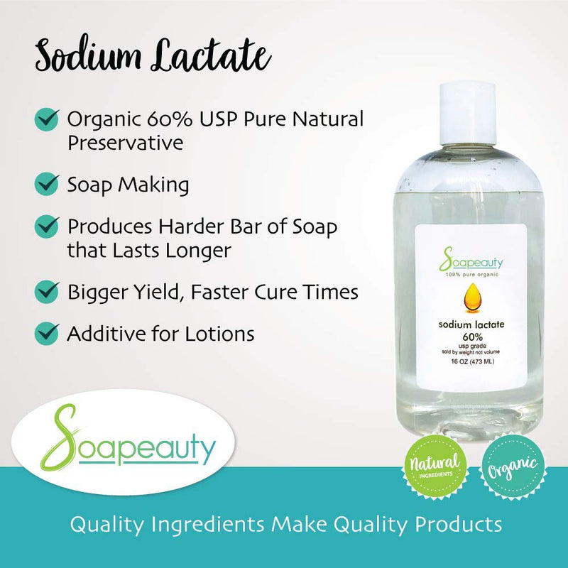 SODIUM LACTATE for Soap Making & Lotions | Organic 60% USP Pure Natural Preservative | Harder Bar of Soap, Bigger Yield, Faster Cure Time, Provides Moisture | Sizes 2 OZ to 1 GALLON | 32 OZ Soapeauty