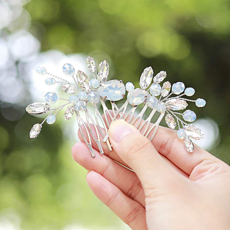 Yean Rhinestone Bride Bridal Hair Comb Opal Crystal Wedding Hair Piece Hair Accessories for Women and Girls (2 Pcs) (Silver) Yean