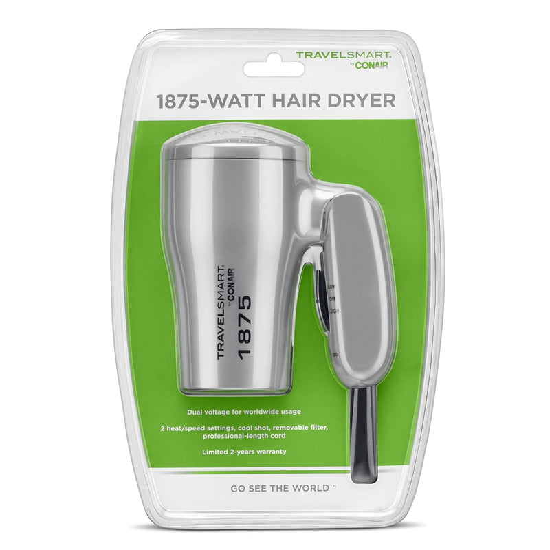 Conair 1875 Watt Compact Dual Voltage Travel Hair Dryer with Folding Handle, Grey Infinity Warehouse