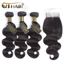 QTHAIR 12A Grade Brazilian Virgin Hair Body Wave 3 Bundles With Lace Closure Unprocessed Human Hair Extensions Weave Natural Black Color (12 14 14+10 Inch Closure, Middle Part) QTHAIR