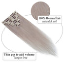 Benehair Clip in Remy Hair Extensions Human Hair Grey for Women 20 inch 70g Light Long Seamless Clip on Real Hair Skin Weft Rooted Clips Hairpiece 8pcs Weft Long Straight Full Head Benehair