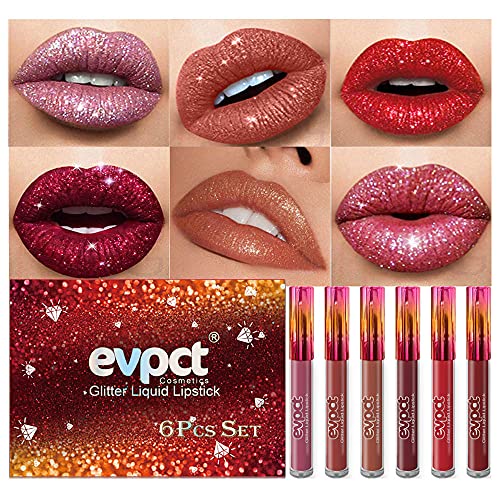 evpct 6Pcs Matte to Glitter Liquid Lipstick Long Lasting Lips Set Kit,6 Colors Diamond Red Glitter Sparkly Glossy Waterproof Lipstick Metallic Shimmer Brown Pink Lipgloss Lip Gloss Sets for Women evpct
