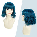 ROSEBUD Wavy Bob Wig with Bangs Natural Blue Wig Synthetic Hair Shoulder Length Short Curly Wigs for Women Rose bud