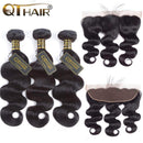 QTHAIR 12A Grade Brazilian Body Wave Bundles with Frontal (16 "18" 18"+14")13x4 Ear To Ear with Baby Hair 100% Unprocessed Virgin Brazilian Human Hair Weave QTHAIR