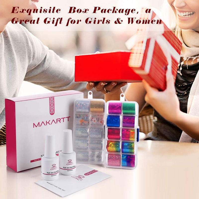 Makartt Nail Foil Nail Art Foil Glue Gel with Starry Sky Star Foil Stickers Set Nail Transfer Tips Foil Nail Art Accessories Manicure DIY 15ML 20PCS(2.5cm100cm) Christmas Sticker Nail Lamp Required Makartt
