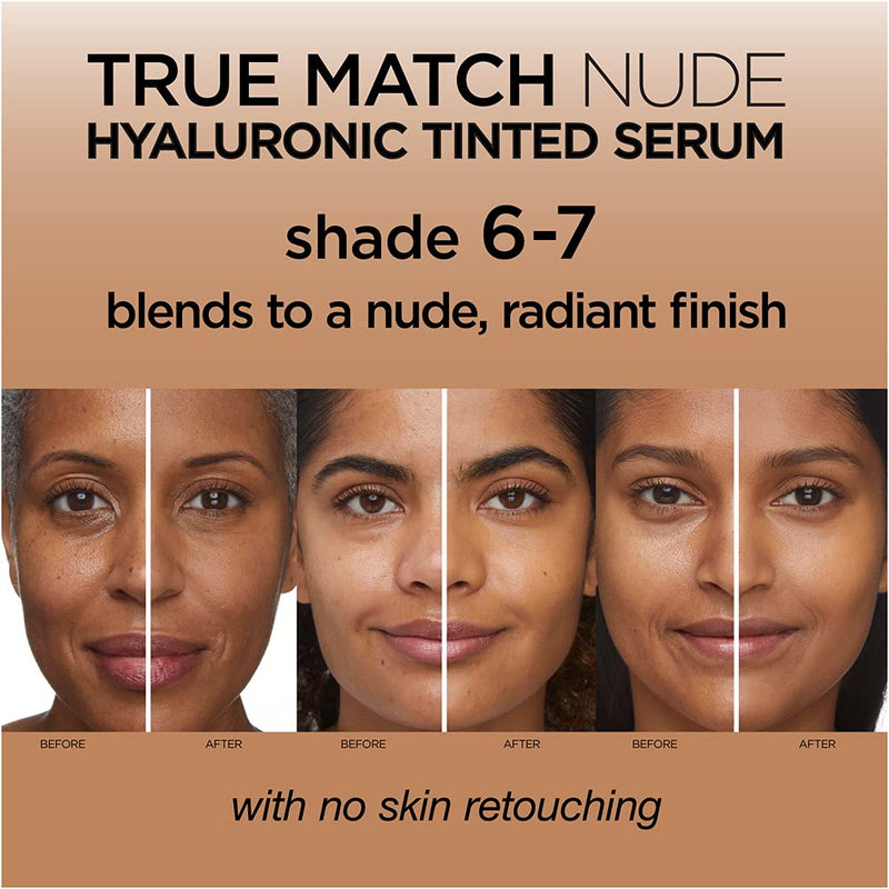 L'Oreal Paris True Match Nude Hyaluronic Tinted Serum The 1st Tinted serum with 1% Hyaluronic acid Instantly skin looks brighter, even and feels hydrated Makeup + Skincare, Tan 6-7, 1 fl. oz. L'Oreal Paris