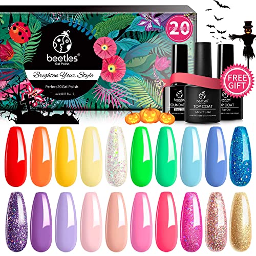 Beetles 20 Colors Rainbow Summer Gel Nail Polish Kit, Soak Off LED Lamp Glitter Nude Gel Polish Starter Kit with Glossy & Matte Top Gel Base Coat Kaleidoscope Halloween Nails Manicure Gifts for Women beetles Gel Polish
