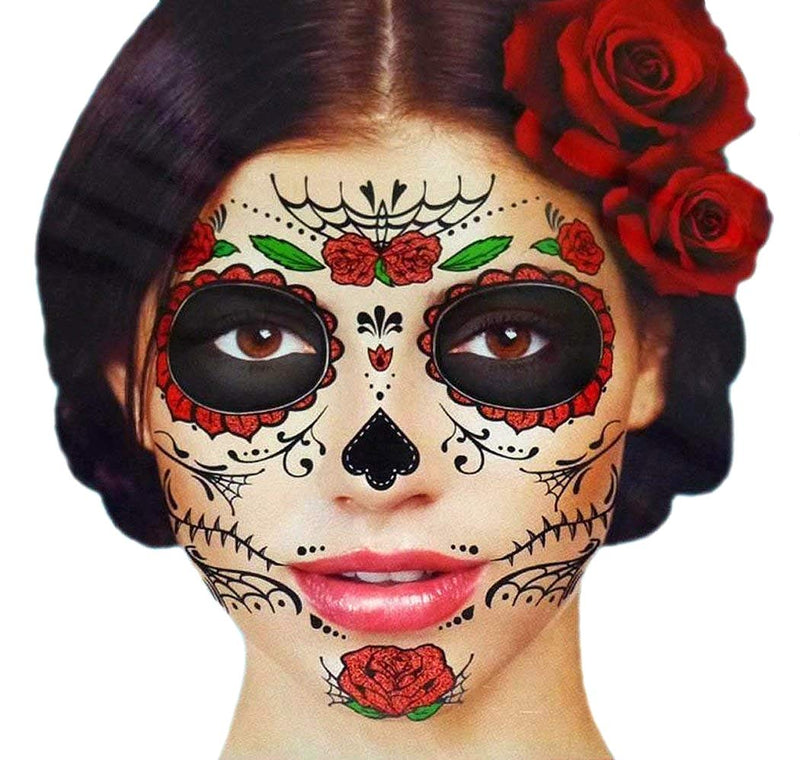 Glitter Red Roses Day of the Dead Sugar Skull Temporary Face Tattoo Kit - Pack of 2 Kits Savvi