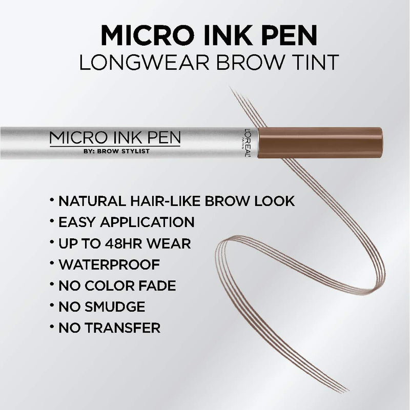 L'Oreal Paris Micro Ink Pen by Brow Stylist, Longwear Brow Tint, Hair-Like Effect, Up to 48HR Wear, Precision Comb Tip, Light Brunette, 0.033 fl; oz. L'Oreal Paris