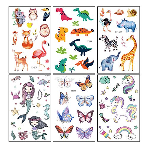 Temporary Tattoos for Kids, Christmas Birthday Party Supplies Unicorn Mermaid Butterflies Dinosaur Fake Tattoo Stickers Art(6 Sheets) AIDFSIP Store