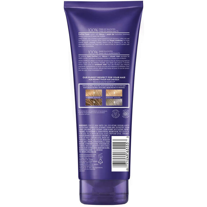 L'Oreal Paris EverPure Sulfate Free Brass Toning Purple Shampoo for Blonde, Bleached, Silver, or Brown Highlighted Hair, 11 Fl; Oz (Packaging May Vary) L'Oreal Paris