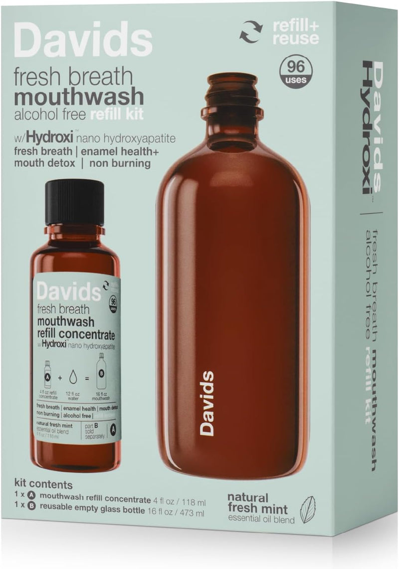 Davids Hydroxi Fresh Breath Mouthwash Starter Kit, Alcohol-Free, Fluoride-Free, Nano-Hydroxyapatite for Remineralizing & Enamel Health, Relieves Dry Mouth, Fresh Mint, 16 fl oz Infinity Warehouse