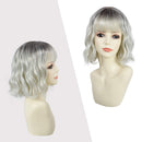 ROSEBUD Wavy Bob Wig with Bangs Natural Ombre Silver Wig Synthetic Hair Shoulder Length Short Curly Wigs for Women Rose bud