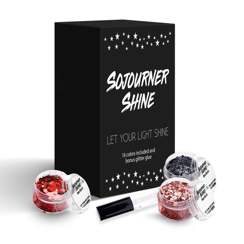 Chunky Cosmetic Holographic Glitter I Body, Face & Hair Safe I 16 Pack + 1 Glitter Glue SoJourner Bags