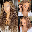 CYNOSURE 13x4 Curly Honey Blond Ombre Color Highlight Lace Front Human Hair Wigs for Women Invisible Pre Plucked (16 Inch, Highlight) CYNOSURE