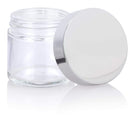2 oz Clear Thick Glass Straight Sided Jar with Silver Metal Overshell Lid (6 Pack) Empty Storage Containers JUVITUS