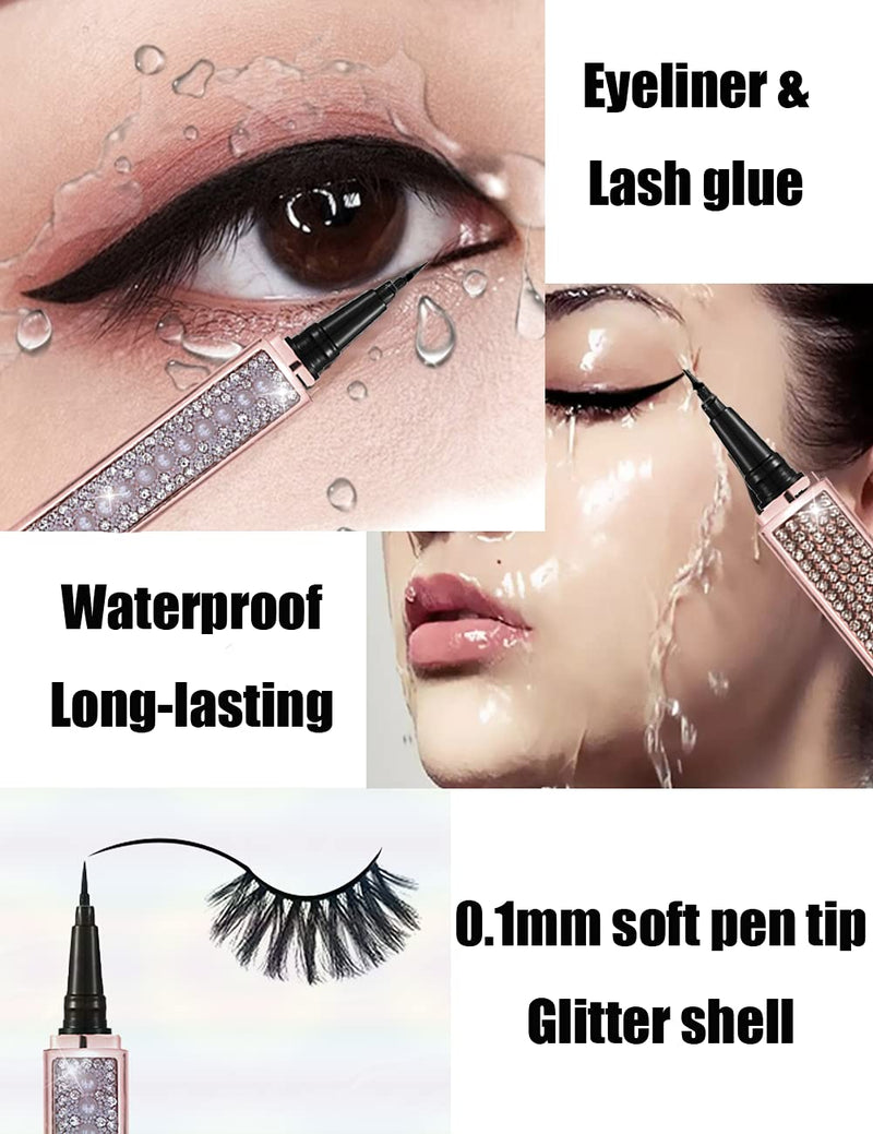 Eyelash Glue Pen Latex-Free Lash Glue Liner Self-Adhesive Eyeliner Pen 2 in 1 Eye Liner Pen lash Glue Pen Strong Hold Waterproof Eyelash Glue for False Lashes (3PCS, Mixed） CMNRO