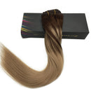 GOO GOO 120g 24 inch Hair Extensions Clip in Human Hair Chocolate Brown Fading to Dirty Blonde Real Remy Human Hair Extensions Clip in Real Natural Hair Extensions 7 Pieces Silky Straight GOO GOO Store