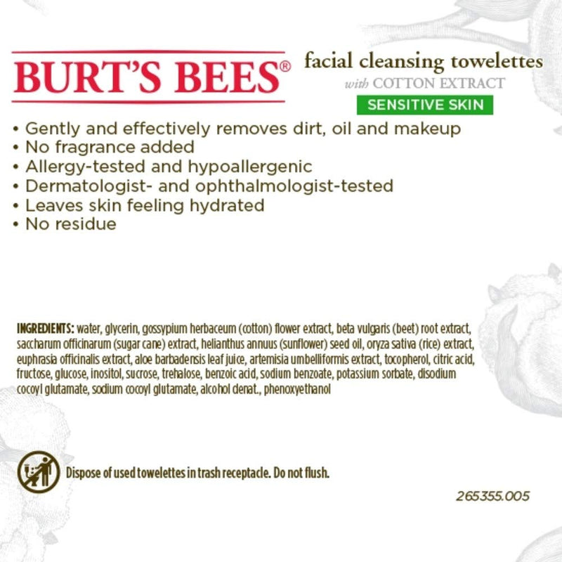 Burt's Bees Sensitive Facial Cleansing Towelettes with Cotton Extract for Sensitive Skin - 30 Count Burt's Bees Store