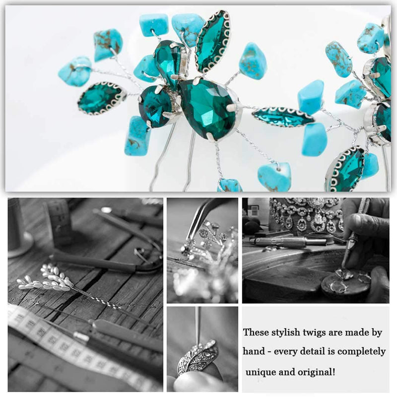 Aukmla Bride Wedding Hair Pins Turquoise Crystal Flower Hair Accessories Headpiece Decorative for Women and Girls Aukmla