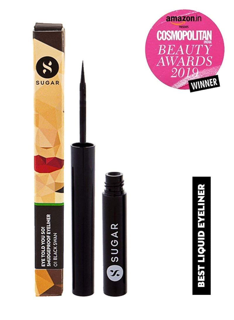 Sugar Cosmetics Eye Told You So! Smudgeproof Eyeliner01 Black Swan (Black)intensely pigmented liquid, Sweat proof, Moisture resistant, Long lasting , Matte finish SUGAR Cosmetics