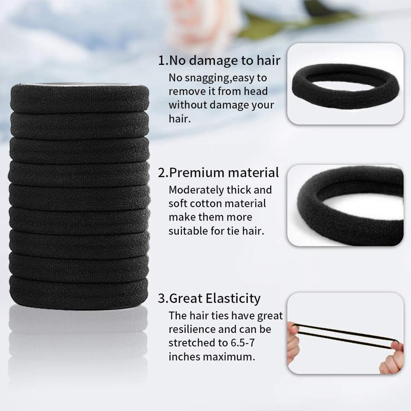 SYGY 100 PCS Black Hair Ties for Women, Cotton Seamless Thick Hair Bands, No Crease No Damage for Thick/Thin Hair, Soft Elastic Hair Ties Ponytail Holders Hair Accessories SYGY