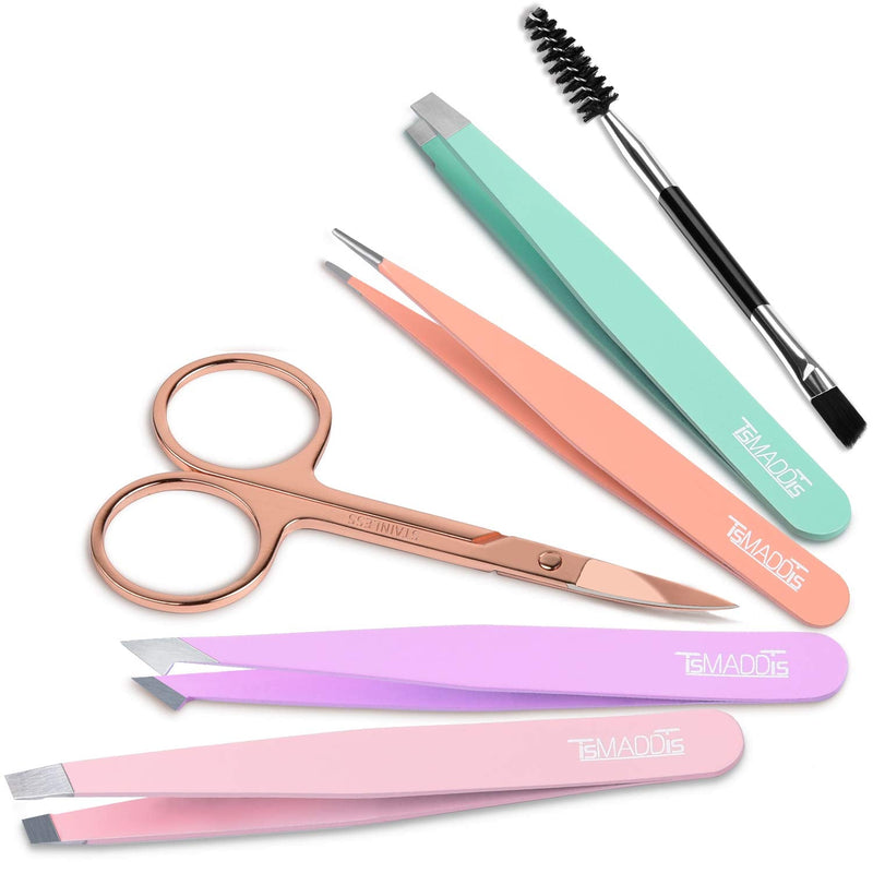 Eyebrow Tweezer Set, TsMADDTs 6 Pcs Tweezers Set for Women, Precision Tweezer for Eyebrows with Curved Scissors for Ingrown Hair, Hair Plucking Daily Beauty Tools with Leather Travel Case TsMADDTs