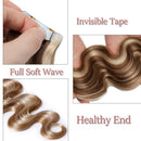 Wavy Rooted Tape in Hair Extensions 40pcs 80g 100% Human Hair Body Wave 14 inch Highlighted Light Brown & Bleach Blonde Long Soft Remy Hair Skin Weft Seamless Invisible Double Side Tape