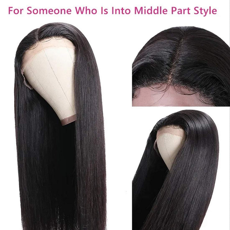 Beauty Forever T-Part Lace Front Wig Brazilian Virgin Human Hair Wig，Hand Tied Pre-plucked Straight T-Shape Lace Part Wig 150% Density Natural Color Middle Part Beauty Forever Store