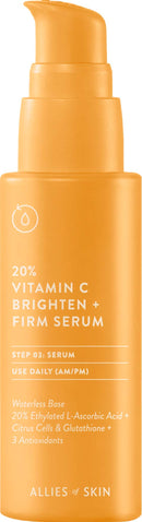 Allies of Skin 20% Vitamin C Brighten + Firm Serum: 20% Ethylated L-Ascorbic Acid + Orange Extract Complex with Glutathione. Waterless & Antioxidant. Firms & Intensely Brightens. Allies of Skin