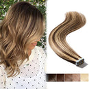 Tape in Human Hair Extensions Highlighted Brown Blonde 20pcs 30g 12 inch Long Remy Hair Seamless Double Sided Tape on Rooted Skin Weft for Women 12inch Medium Brown & Dark Blonde Benehair